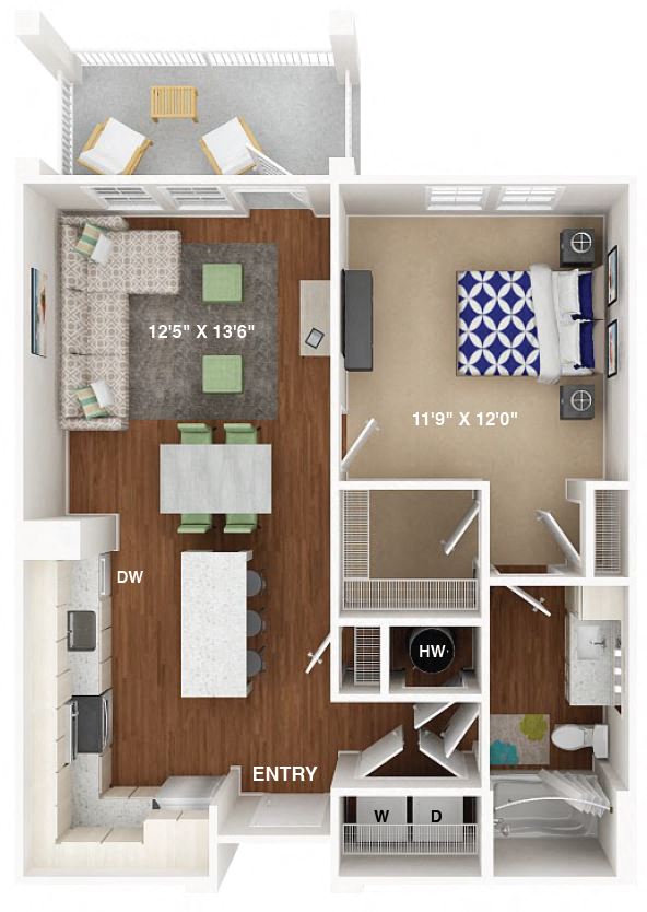 Floor plan for 1 bed, 1 bath, 710 sqft